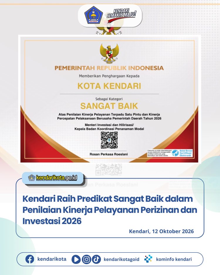 Kendari Raih Predikat Sangat Baik dalam Penilaian Kinerja Pelayanan Perizinan dan Investasi 2026